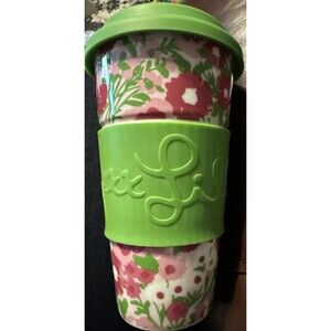 Lilly Pulitzer 7” Ceramic Travel Coffee MUG Silicone Lid Green Floral